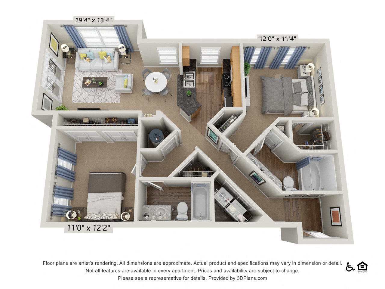 Floor plan for 2 beds, 2 baths, 1100 sqft